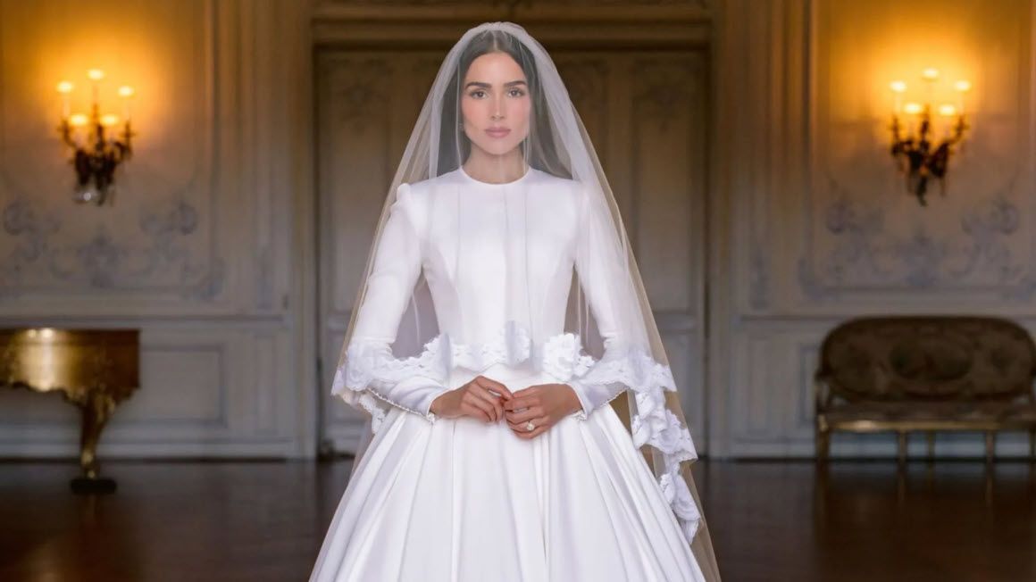 Woman in white wedding dress, veil, and long sleeves, standing in a grand hall.