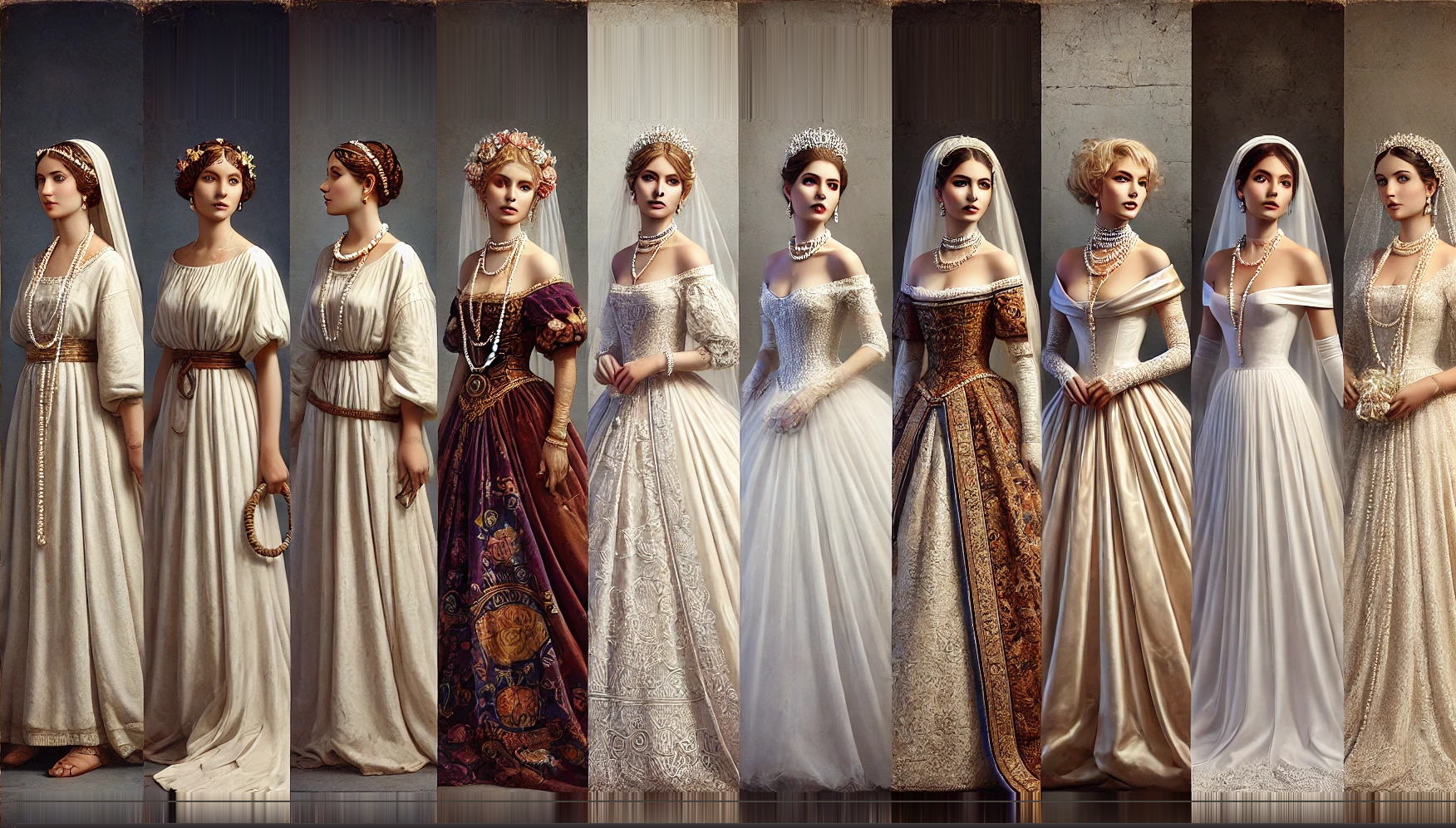 Nine women in wedding dresses stand in front of classical columns. Dresses vary in style and color.