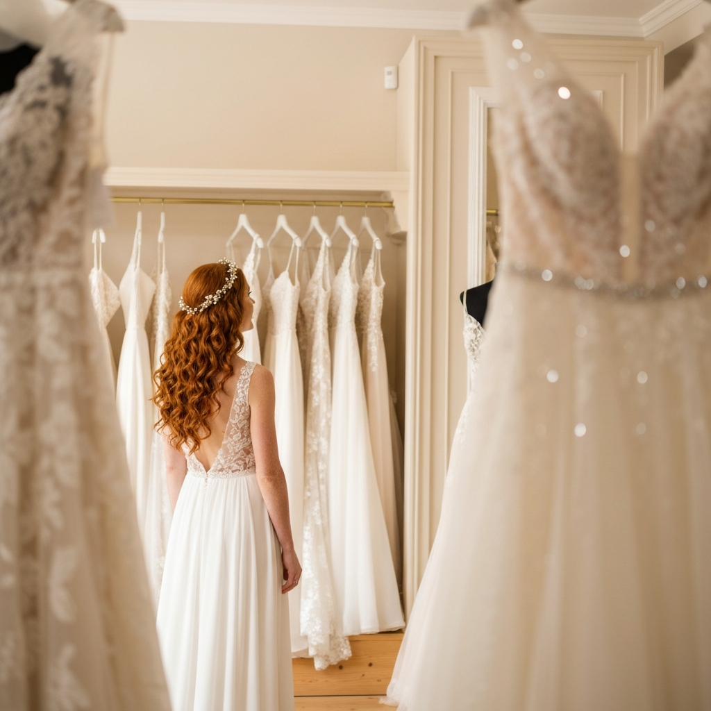 Woman in a wedding dress looking at a rack of bridal gowns in a boutique.