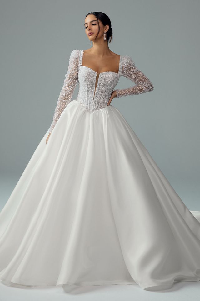 drop waist wedding dress with sleeves Miss Circle Women Naila Lace Trim Strapless Drop Waist Wedding Gown main image 0