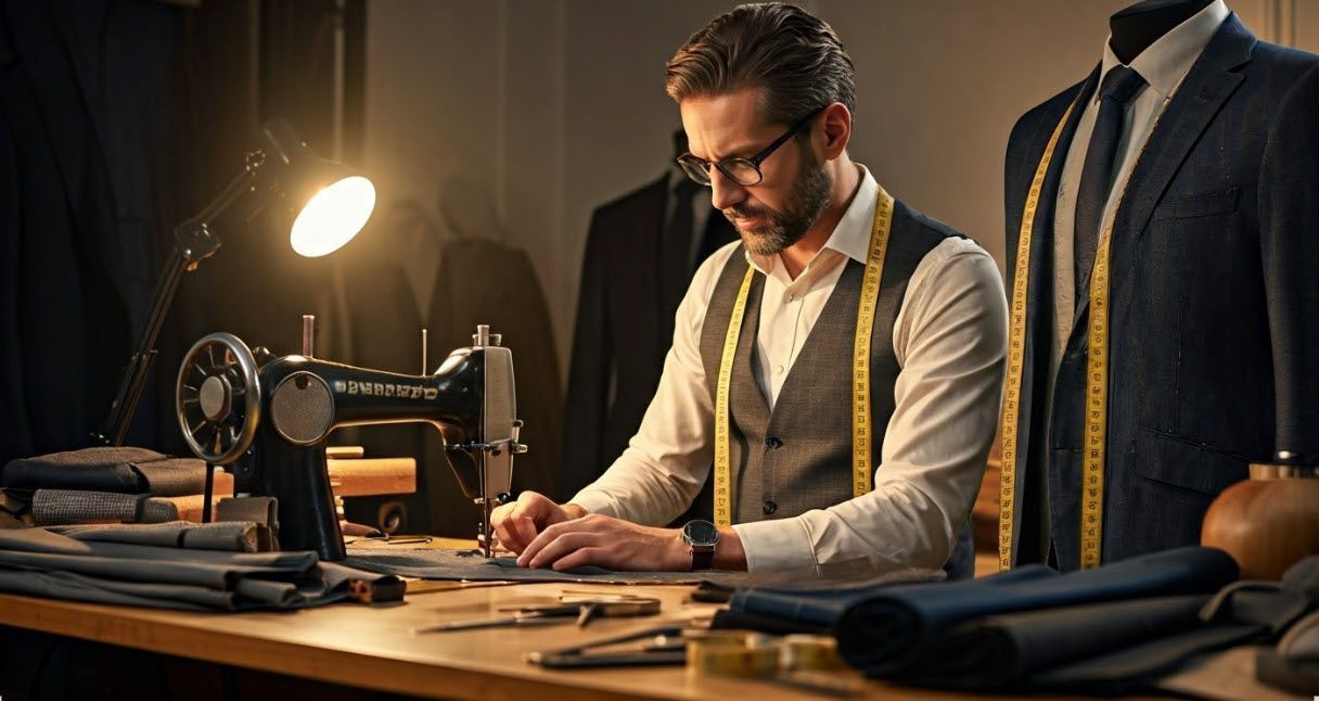 Man at a tailoring table, using a sewing machine. Lit by a lamp, surrounded by fabric and suit jacket on a mannequin.