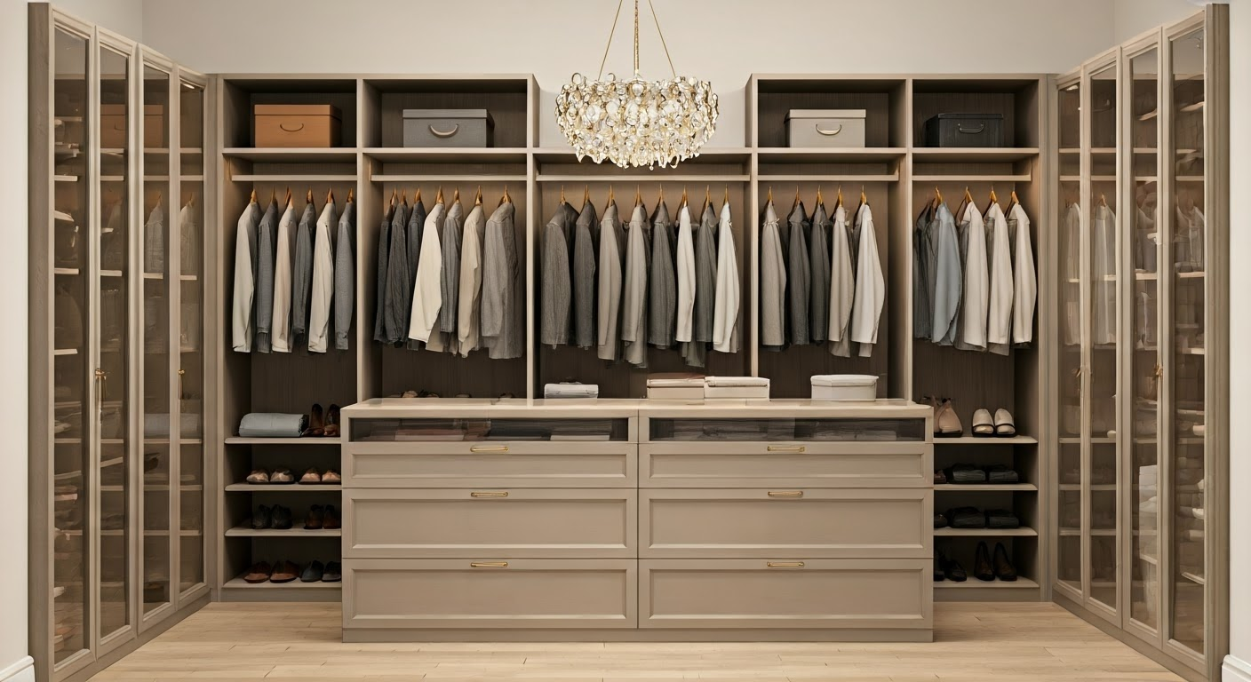 Walk-in closet with beige cabinetry, clothes, drawers, shoe shelves, and a chandelier.
