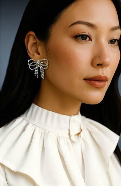 Woman wearing bow-shaped diamond earrings, cream-colored blouse, looking slightly downward.