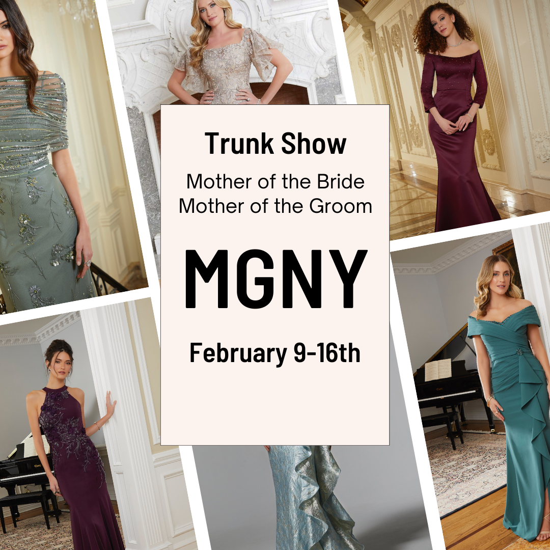 MGNY Mother of the Bride/Groom trunk show. Dresses in various styles and colors, February 9-16.