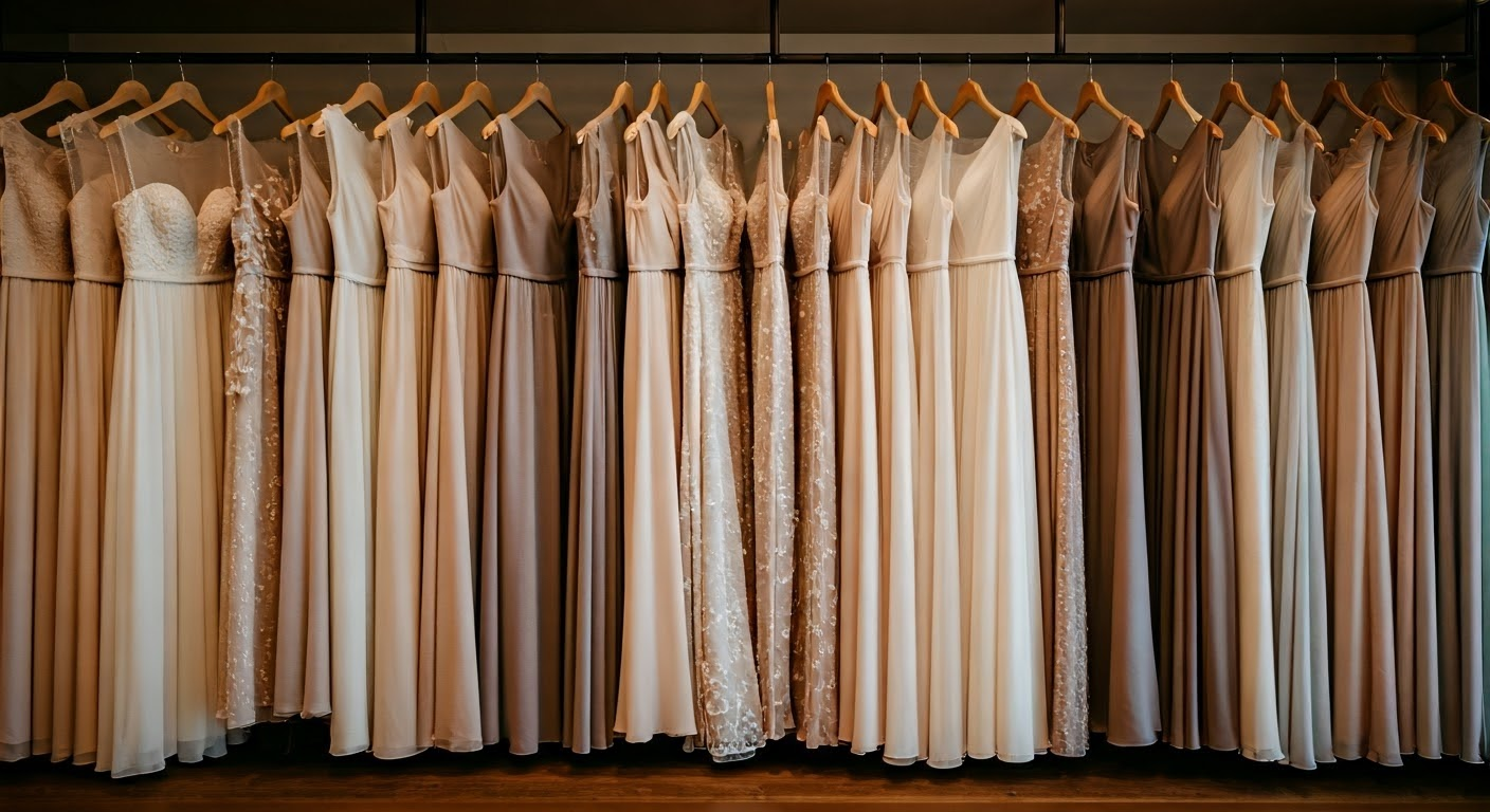 Row of beige and champagne-colored bridesmaid dresses hanging on a rack.