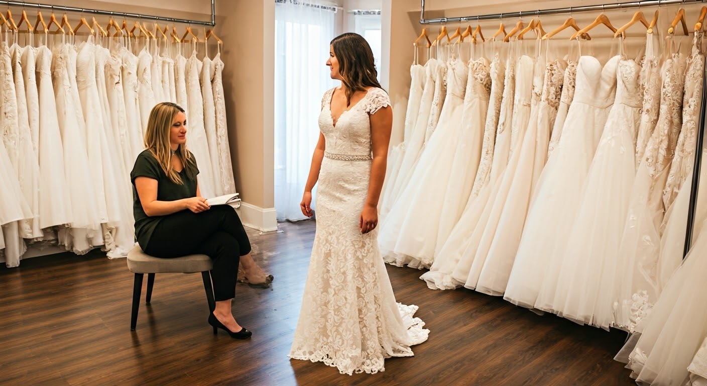 Woman trying on a wedding dress with a consultant in a bridal shop.