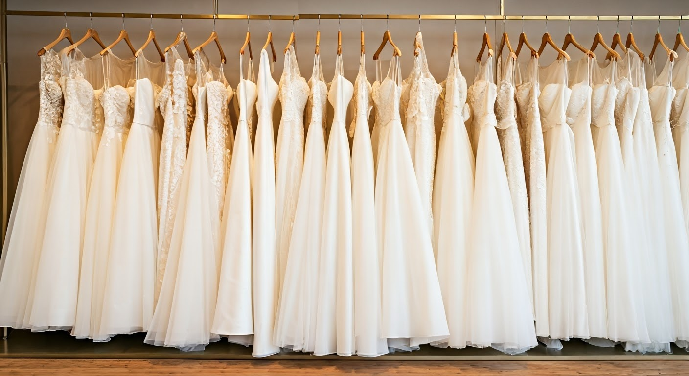 Rack of white wedding dresses hanging in a bridal shop.
