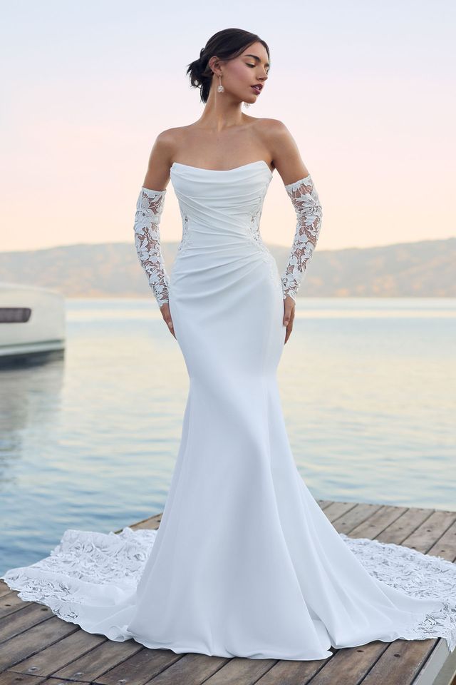 Crepe Wedding Dress with Gauntlet Sleeves | Style Y3180 Crepe Wedding Dress with Gauntlet Sleeves | Style Y3180