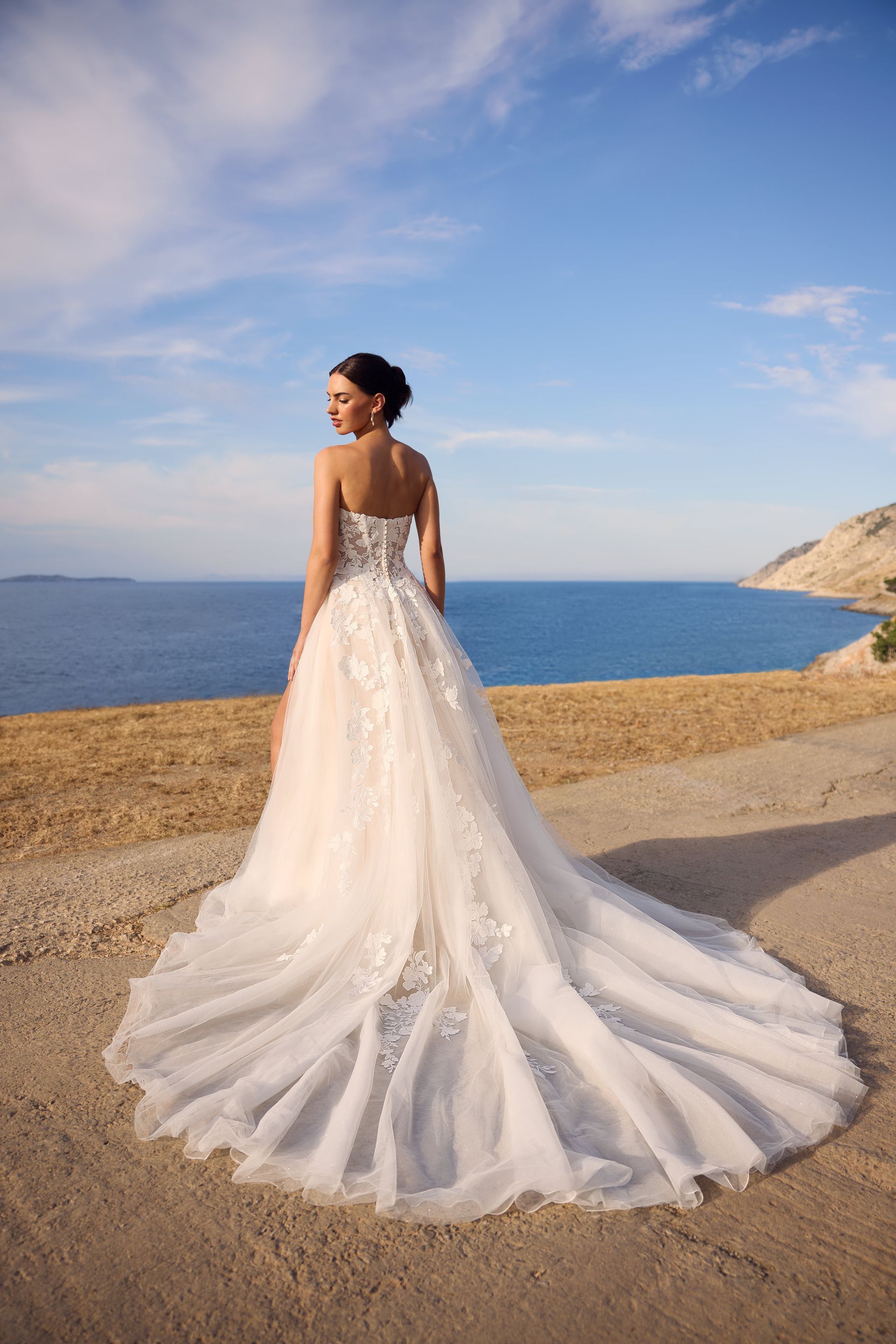 Woman in strapless wedding dress, standing on a dirt path, looking toward the ocean.