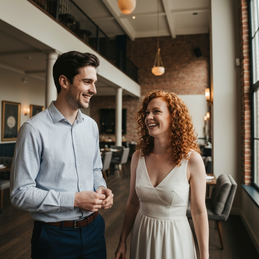 Man and woman smiling and talking in a restaurant. The woman wears a white dress, and the man wears a button-down shirt.