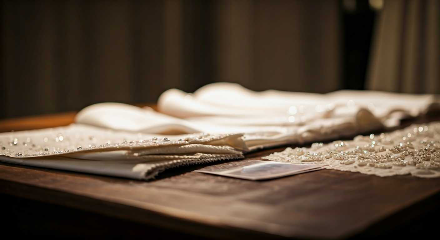 Wedding dress fabric with scattered beads on a wooden table.