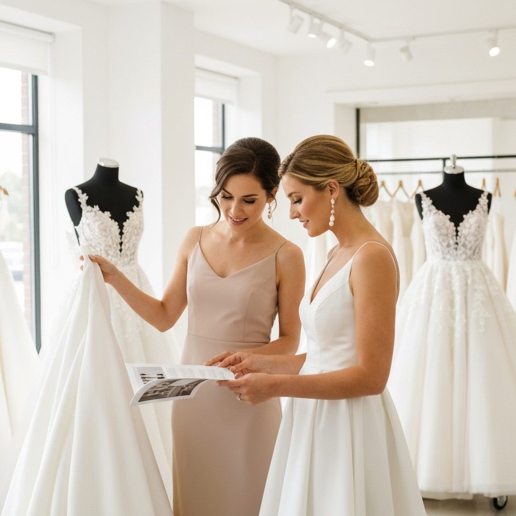Woman in a white dress looking at a catalog with another woman in a beige dress in a bridal shop.
