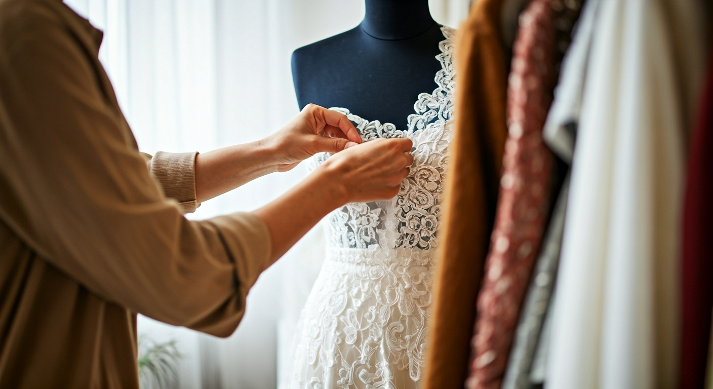 Hands adjusting a white lace dress on a black mannequin, garment rack visible.