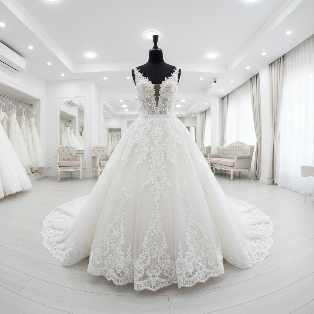 Elegant white wedding gown on a black mannequin in a bridal boutique.
