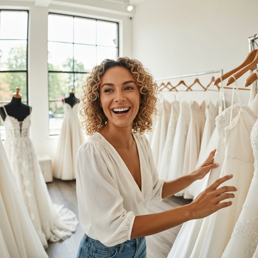 Woman in a bridal shop smiles while looking at wedding dresses on a rack.