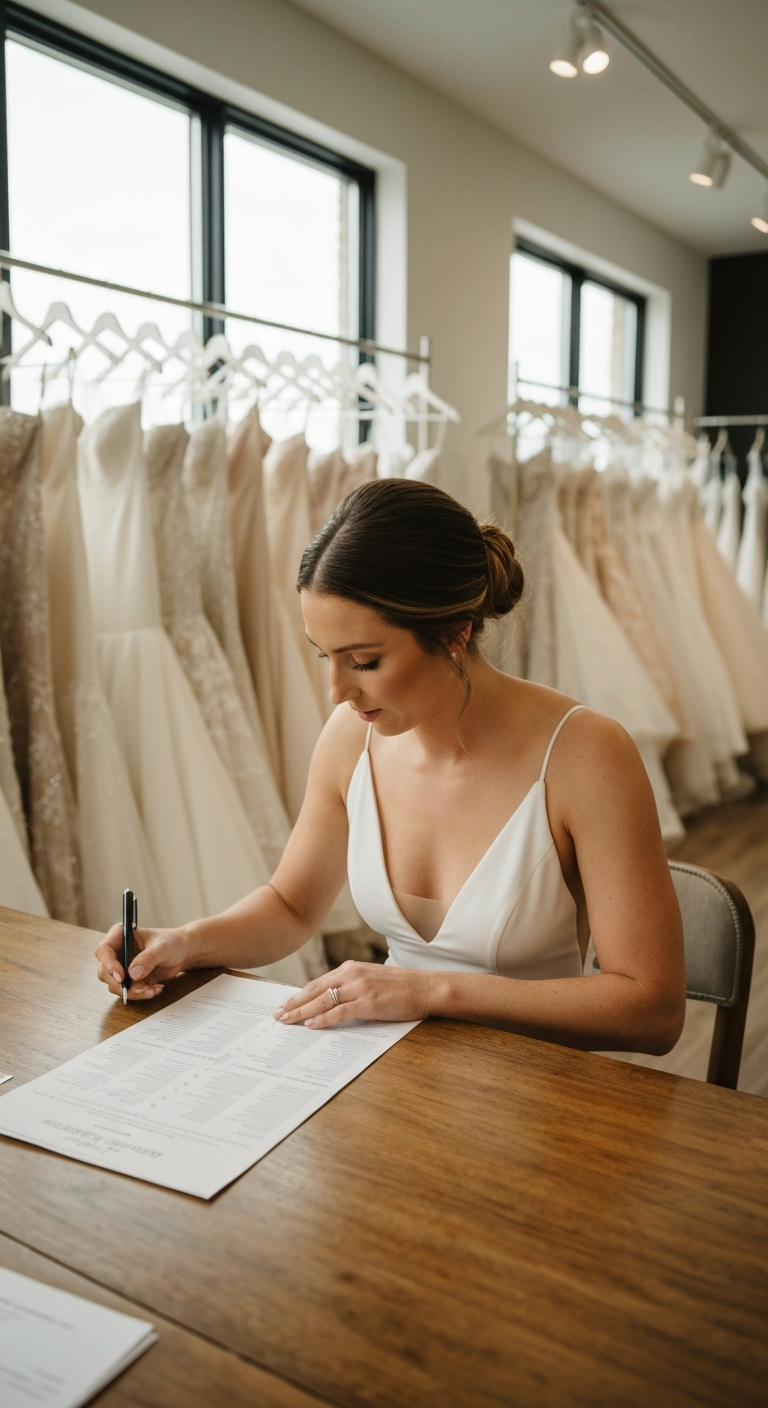 Woman in white dress signing document at wooden table in bridal shop.