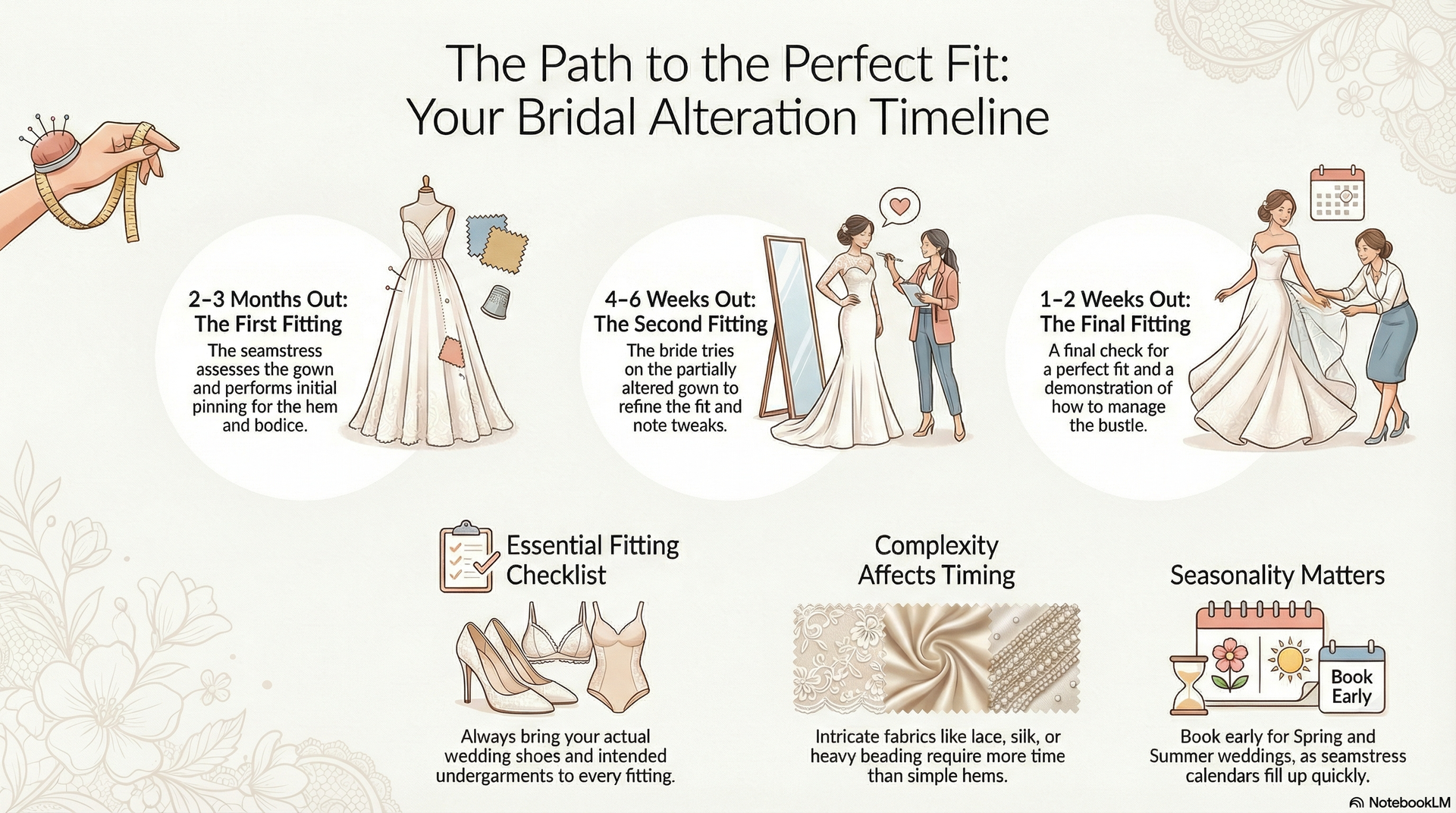 Timeline for bridal alterations: 3-month fitting, 4-week trial, and 1-2 week final fitting.
