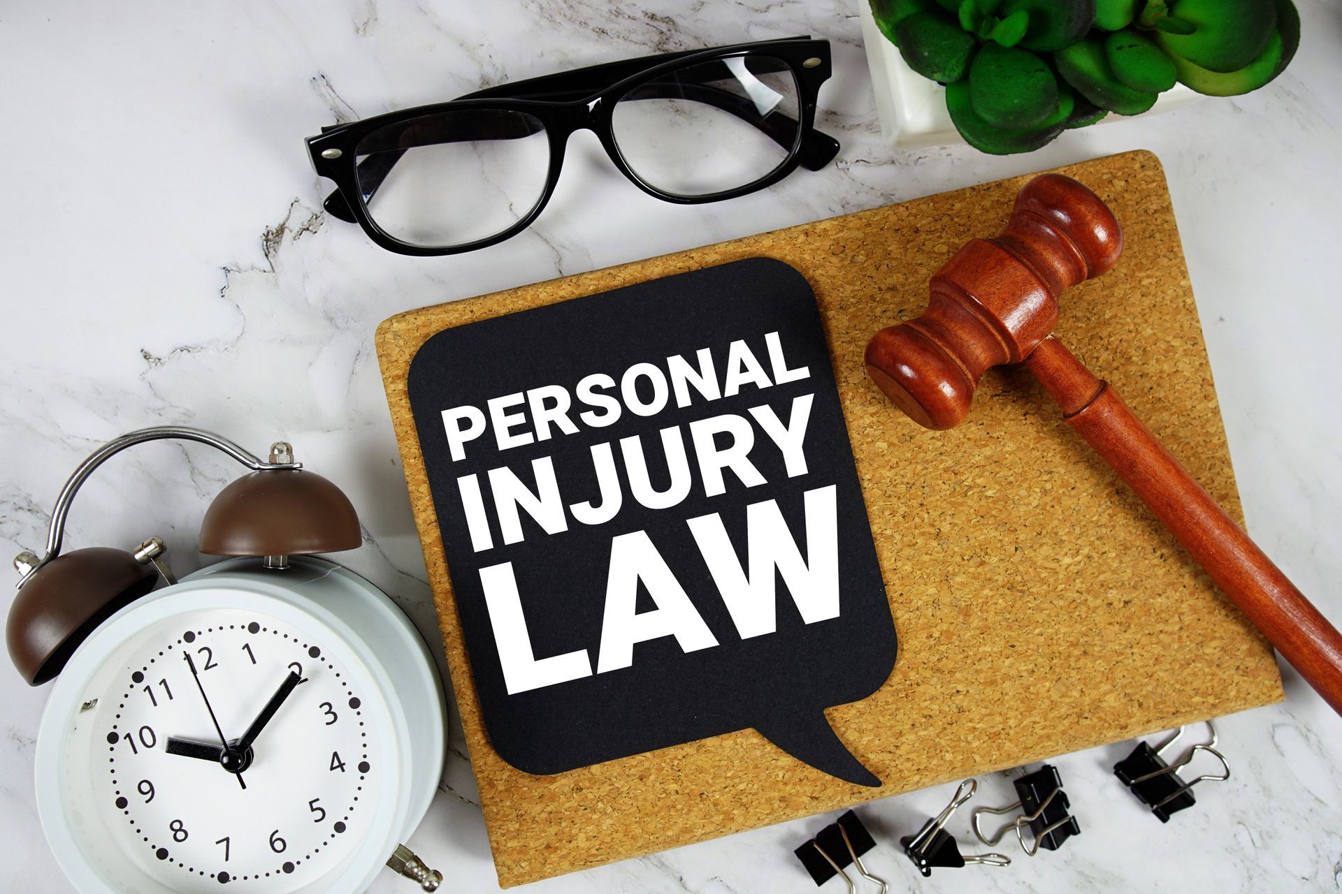A desk display with a gavel, clock, glasses, and a sign reading “Personal Injury Law.”