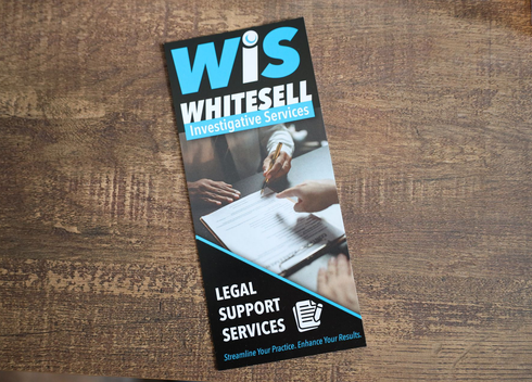 Brochure for Whitesell Investigative Services, blue and black with legal support services.