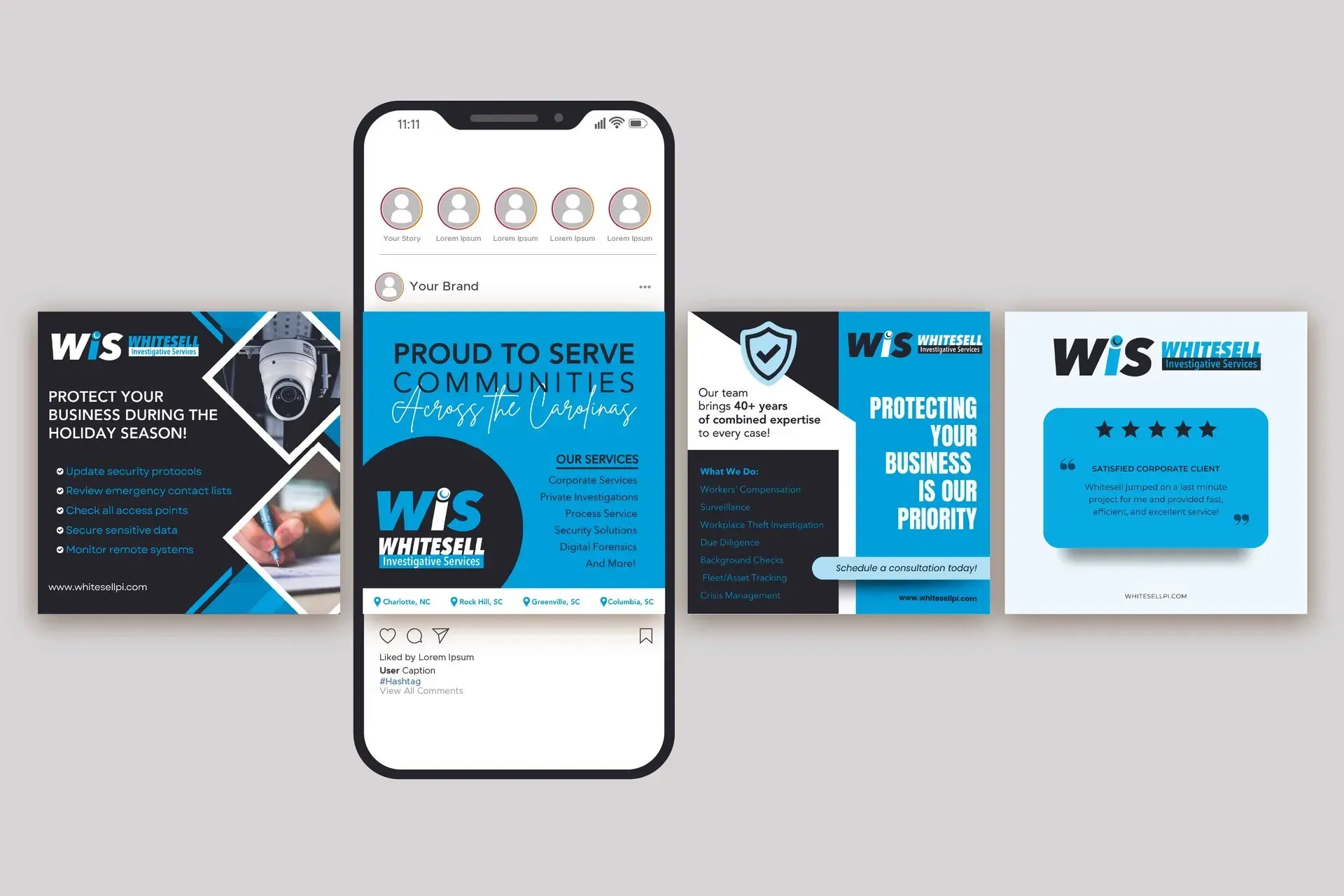 Instagram carousel showcasing WIS Security: promoting services with blue and black graphics.