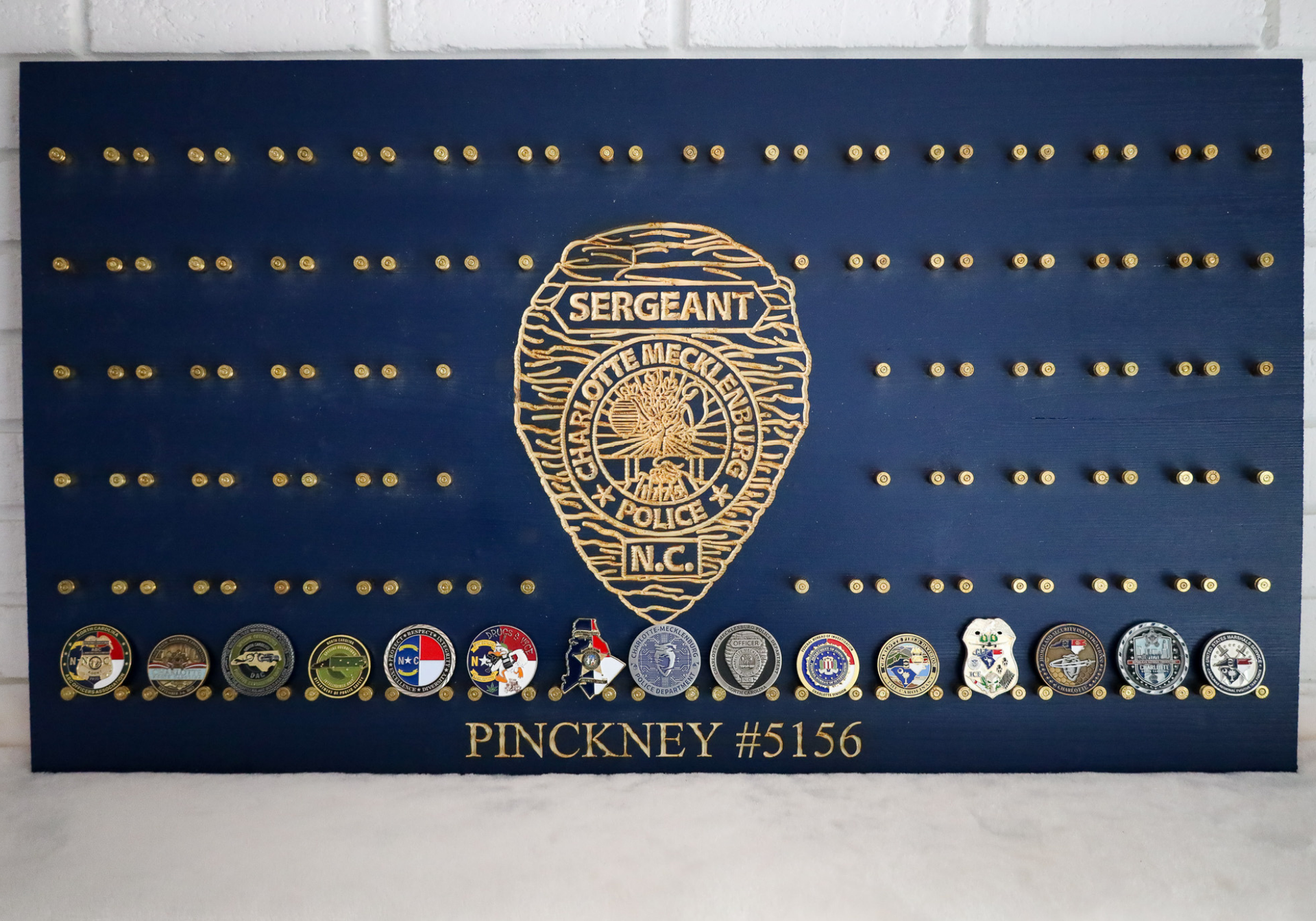 Blue board with police badge cutout, rows of gold pins, and coins below.