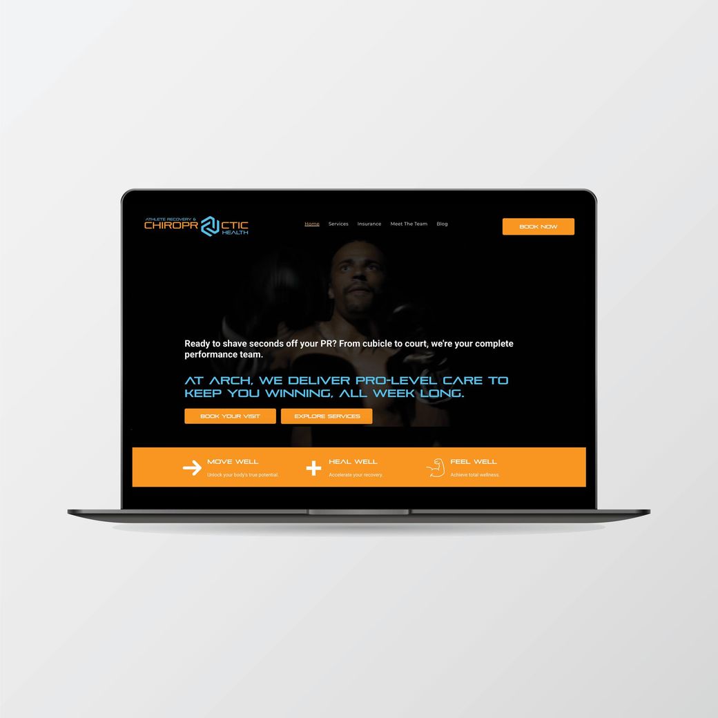 Laptop displaying a website for Arch, a fitness company. Dark background, orange accents, and a man is featured.