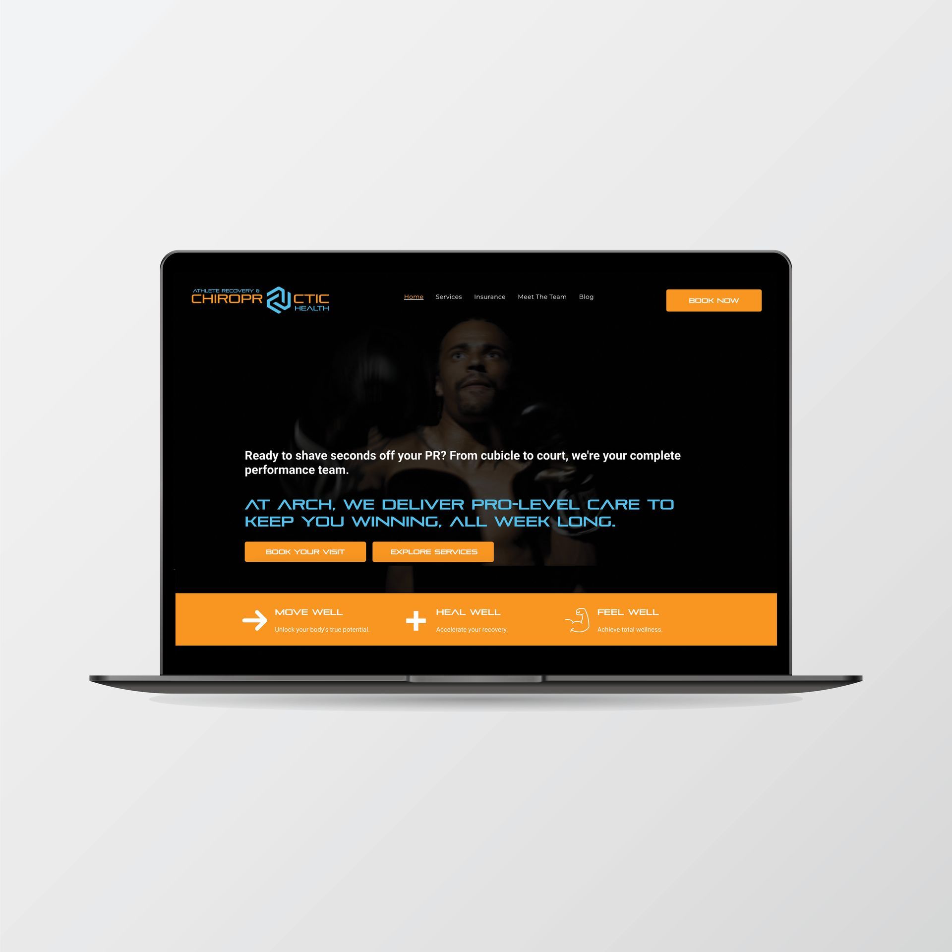 Laptop displaying a website for Arch, a fitness company. Dark background, orange accents, and a man is featured.