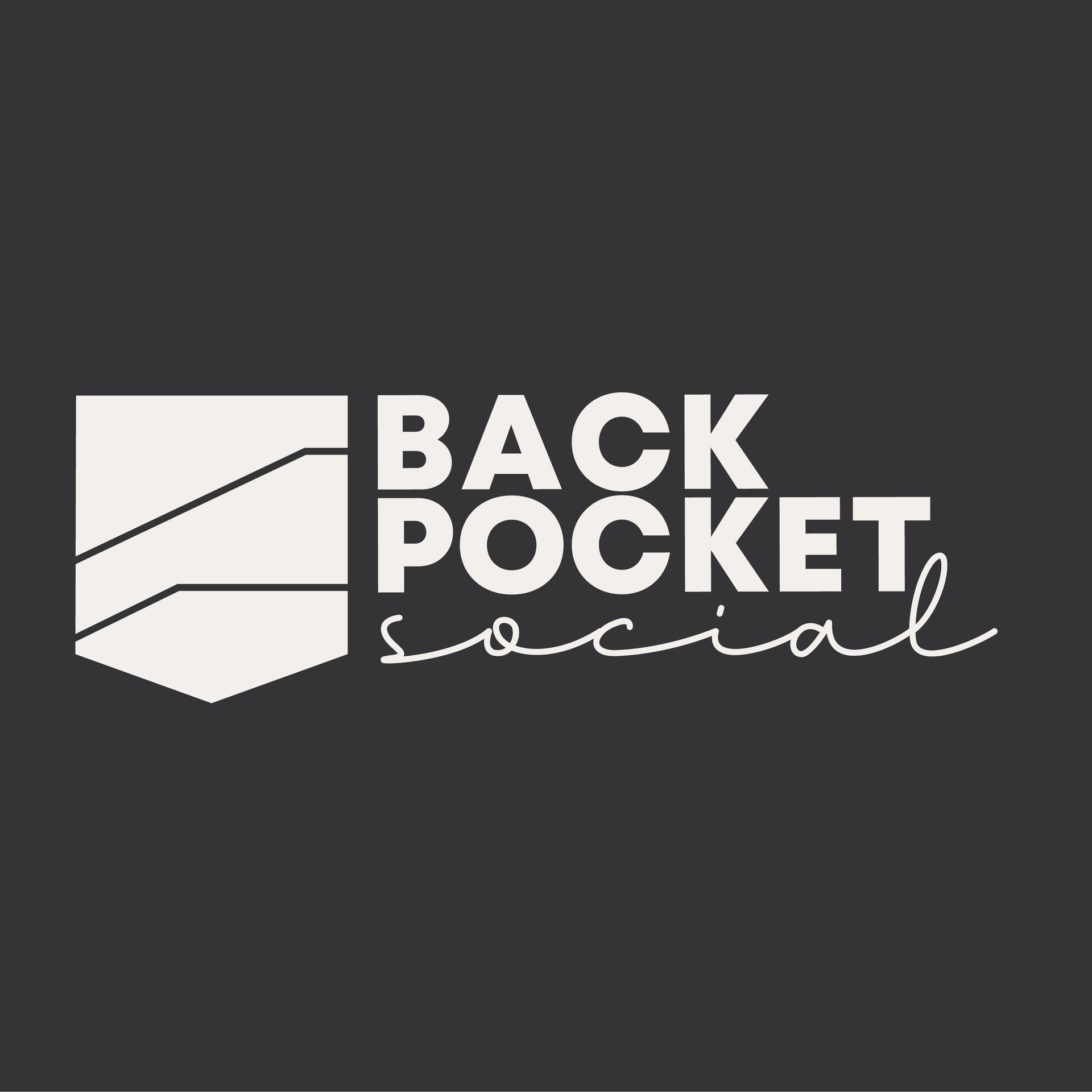 Logo for Back Pocket Social: a white shield graphic beside the words "BACK POCKET social" in white and script font.