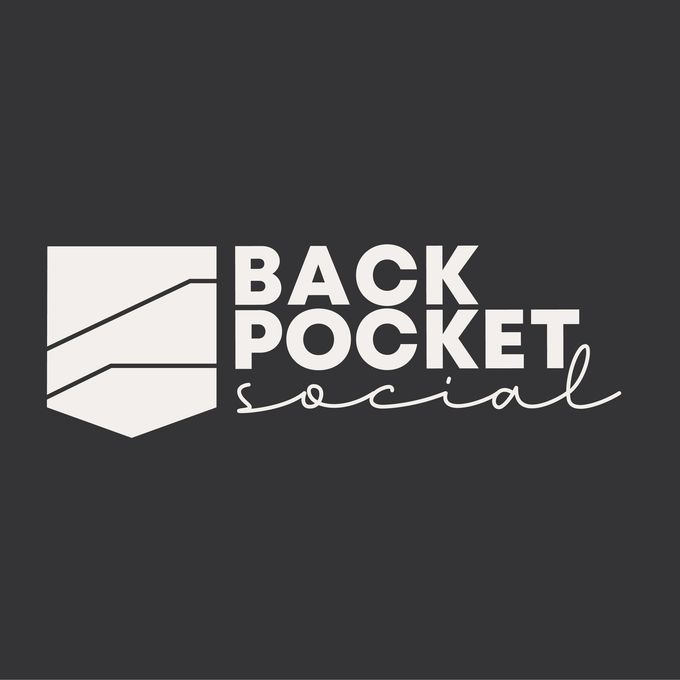 Logo for Back Pocket Social: a white shield graphic beside the words "BACK POCKET social" in white and script font.