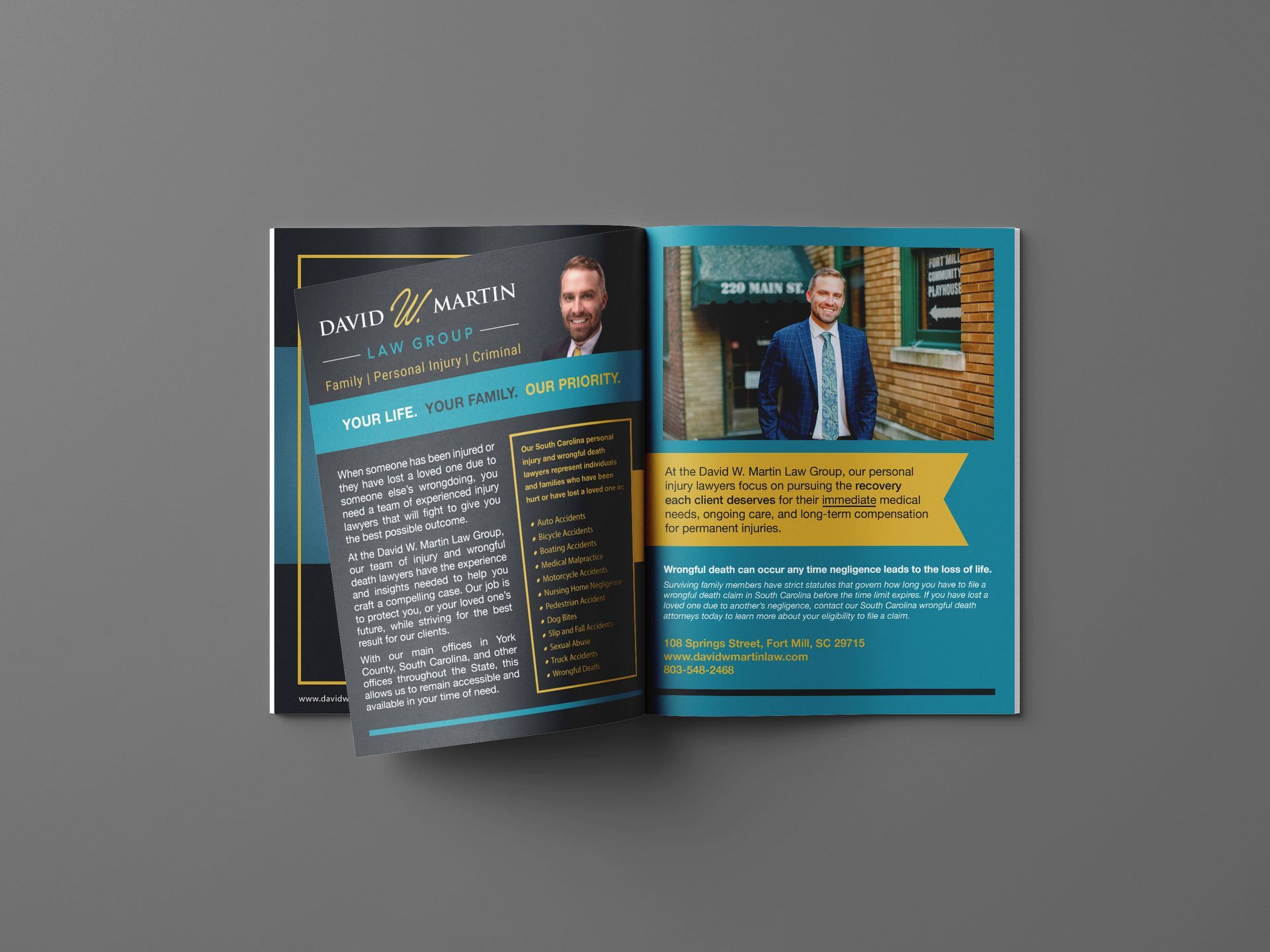 A brochure opened on a gray surface; Chris Martin's profile with photo, contact info on teal and yellow.