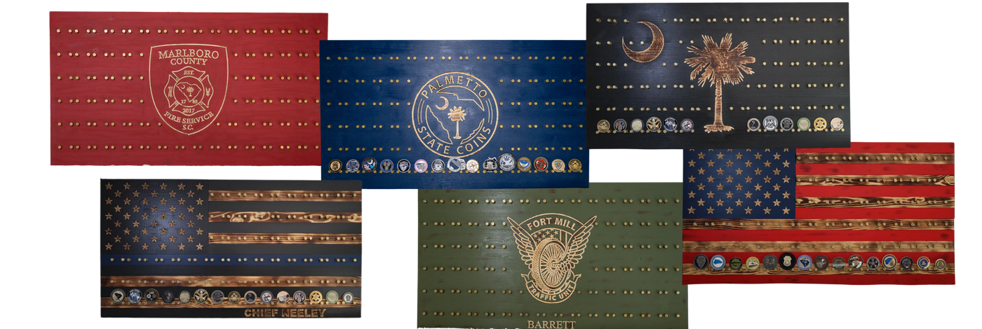 Flags and emblems, including an American flag, a tree, and a shield, depicted with small golden lights.