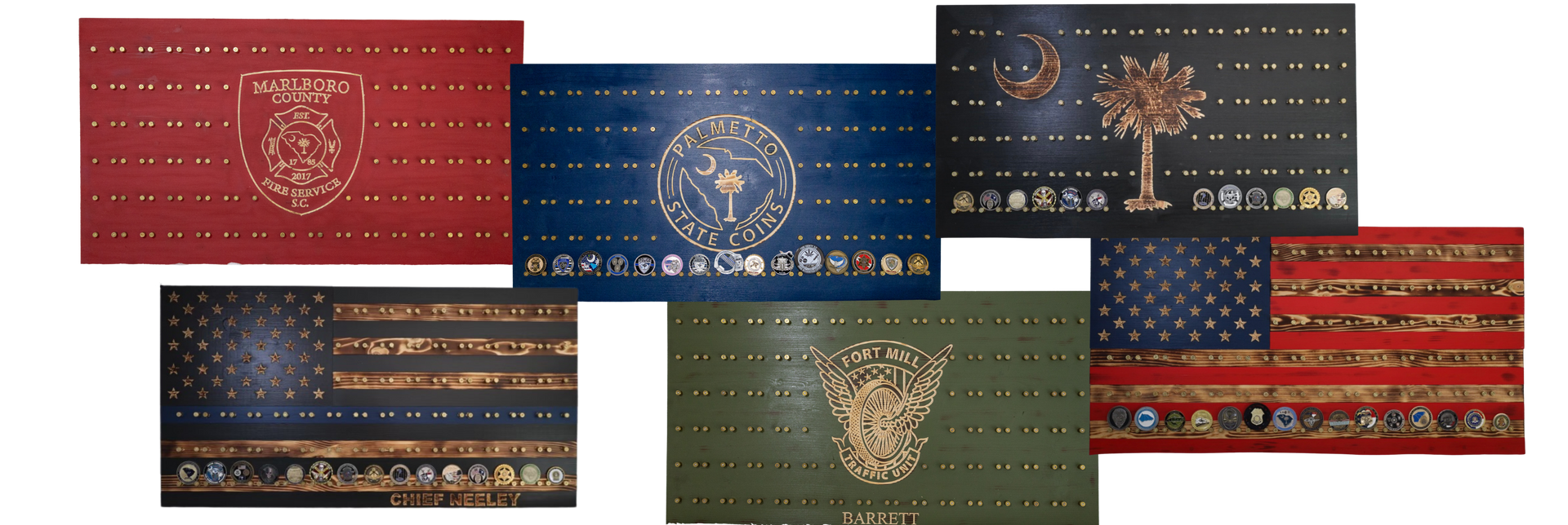 Flags and emblems, including an American flag, a tree, and a shield, depicted with small golden lights.