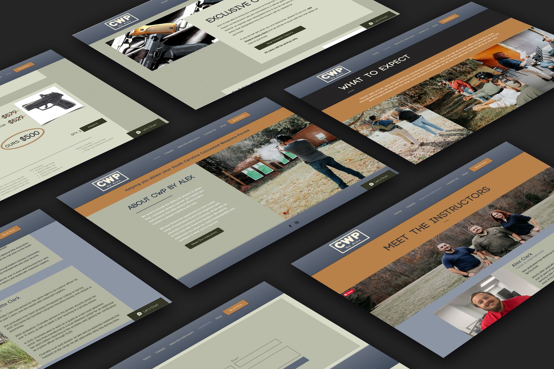 Website mockups of a shooting range, featuring gun images and range instructors.