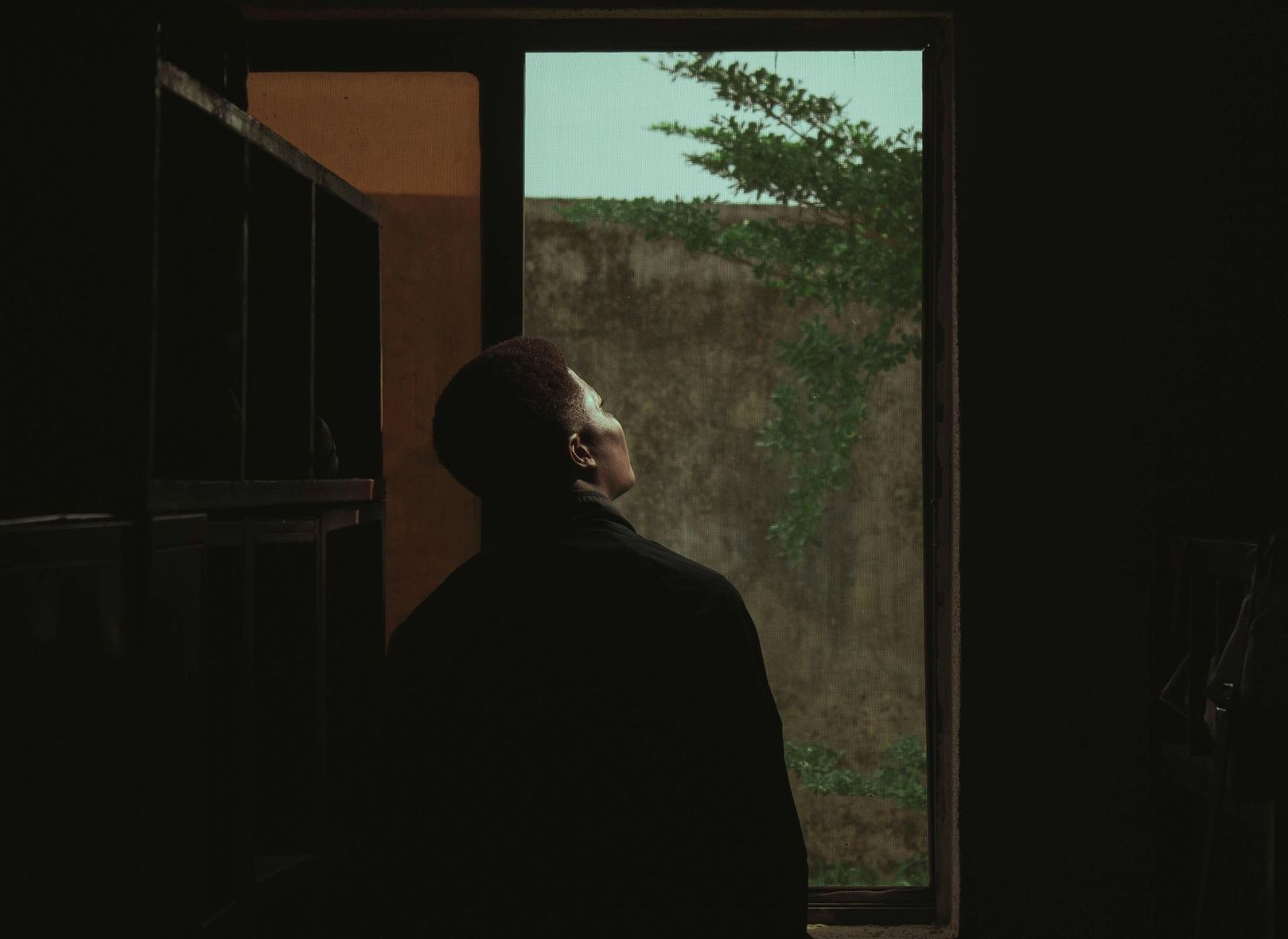 Person silhouetted in a dark doorway, looking out at a rainy window and tree outside.