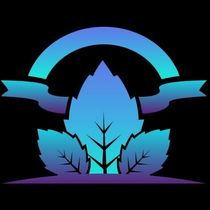 Blue and purple stylized leaf logo with a curved arc on a black background