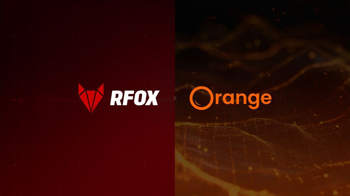 Two logos RFOX and Orange side-by-side in a red and orange digital abstract background