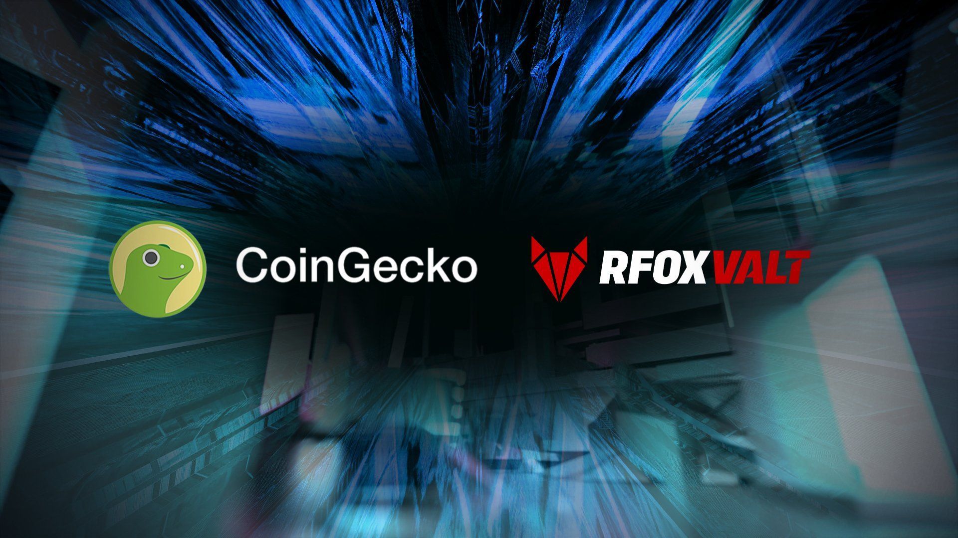 RFOX - The CoinGecko and RFOX VALT logos warping in metaverse world