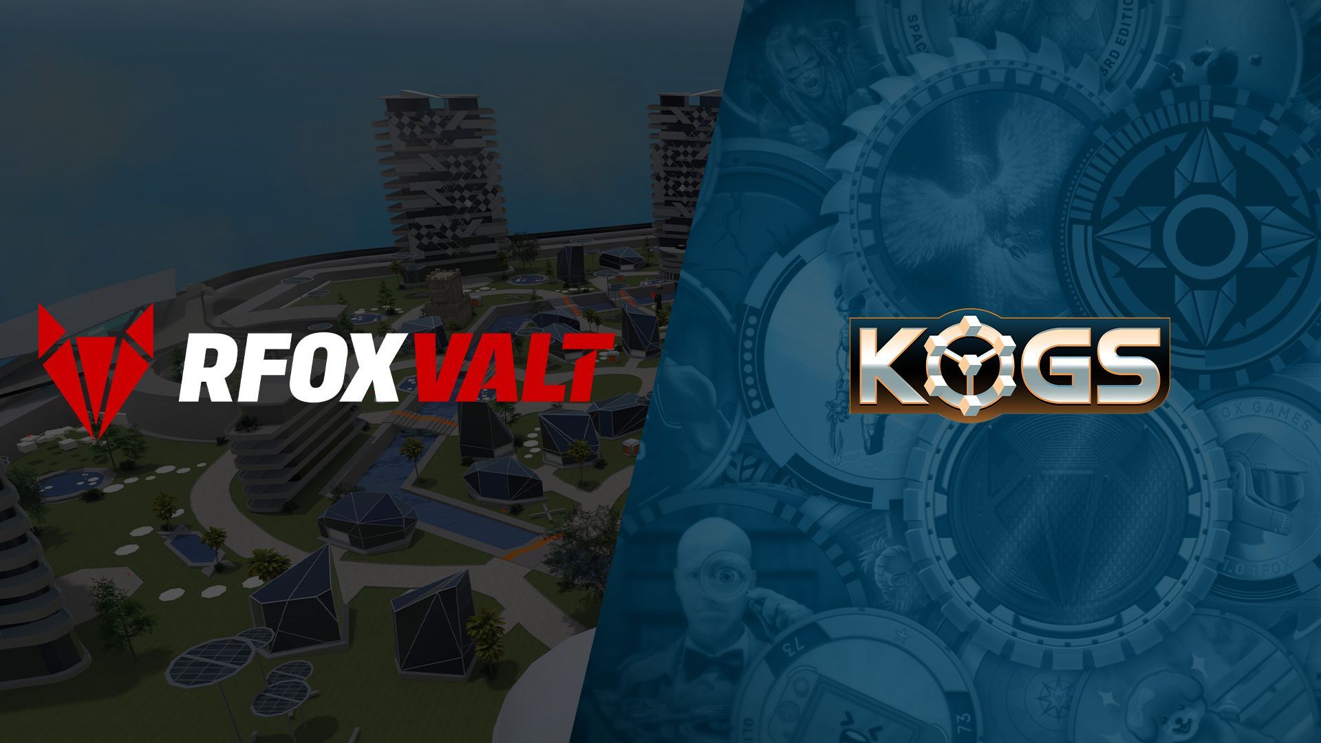 Two logos named RFOX VALT in a metaverse background and KOGs in a slammers background