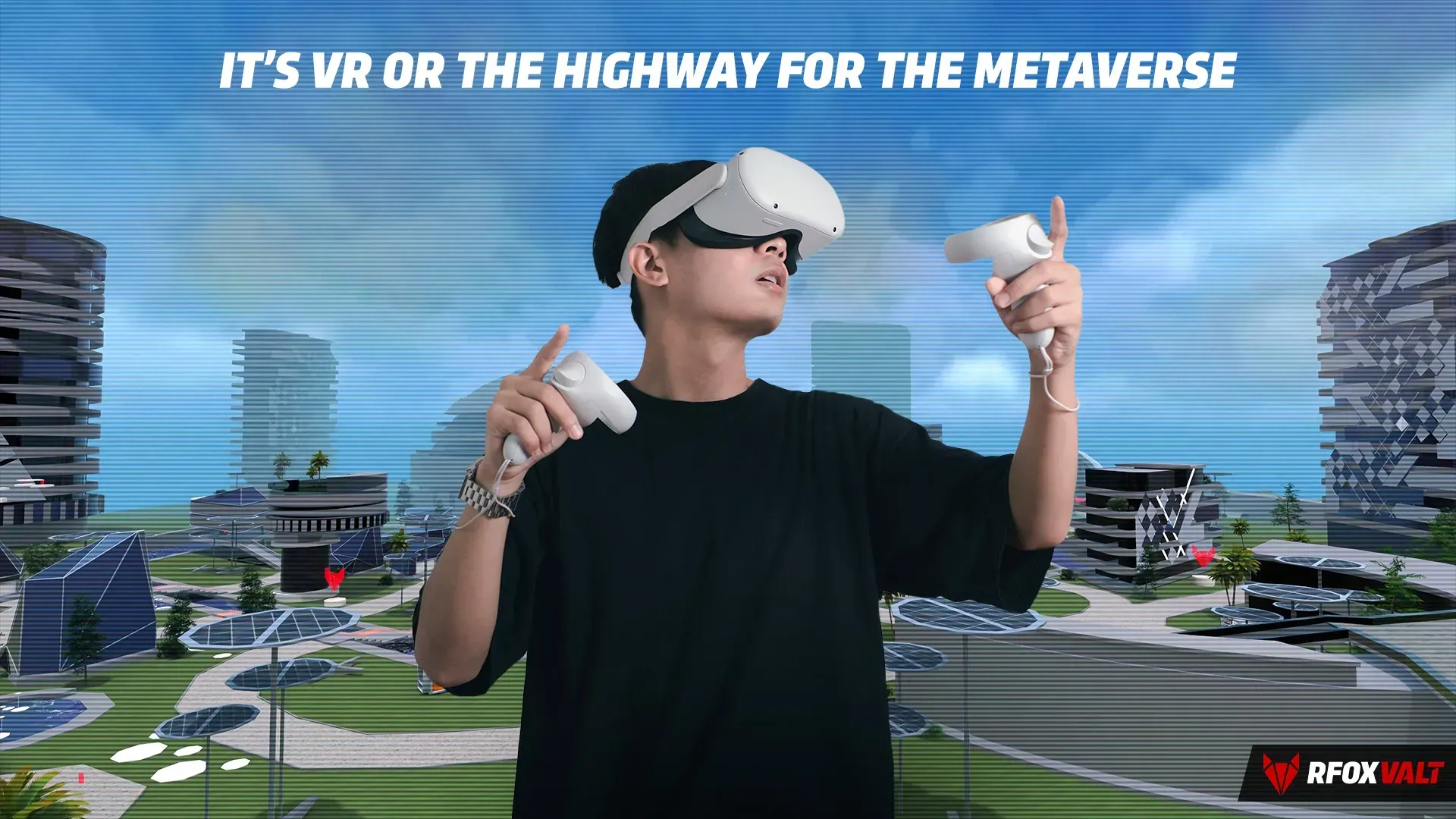 A guy wearing VR goggles in front of the Qua5ar quarter of the RFOX VALT metaverse