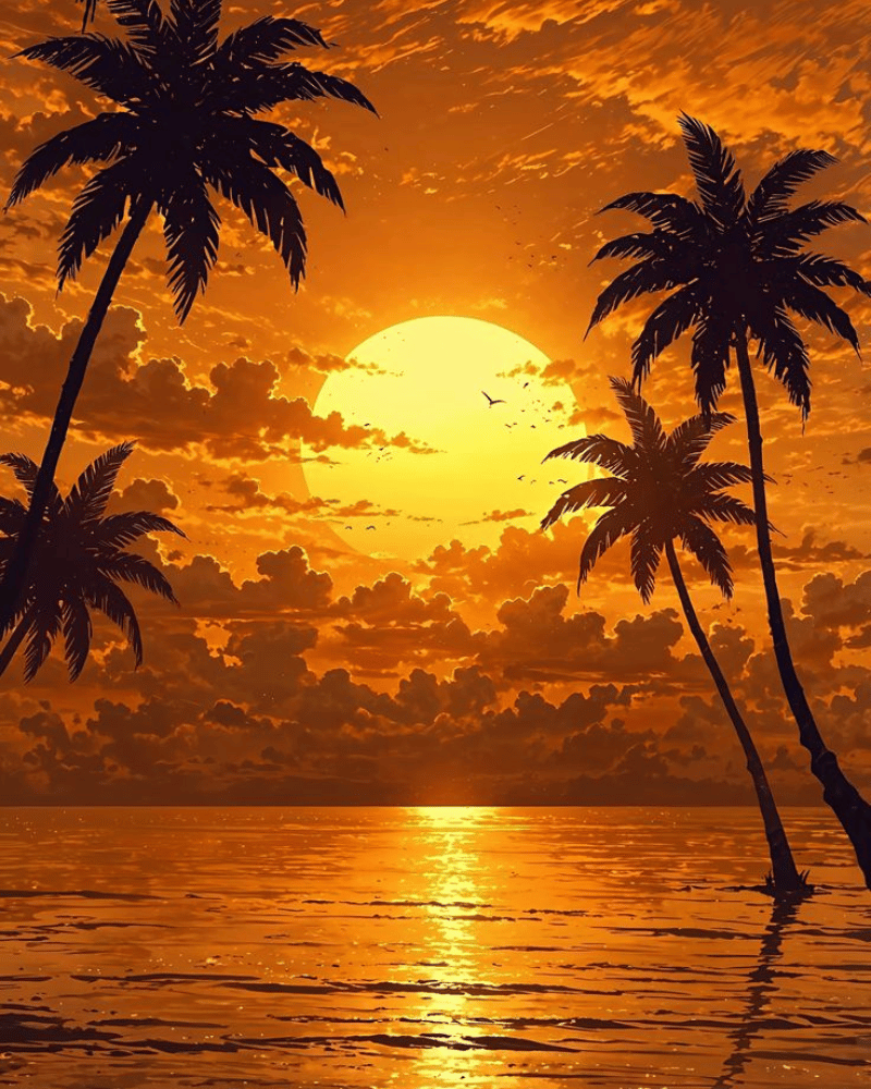 Sunset over ocean with palm trees silhouetted, orange and yellow hues, reflections on water.