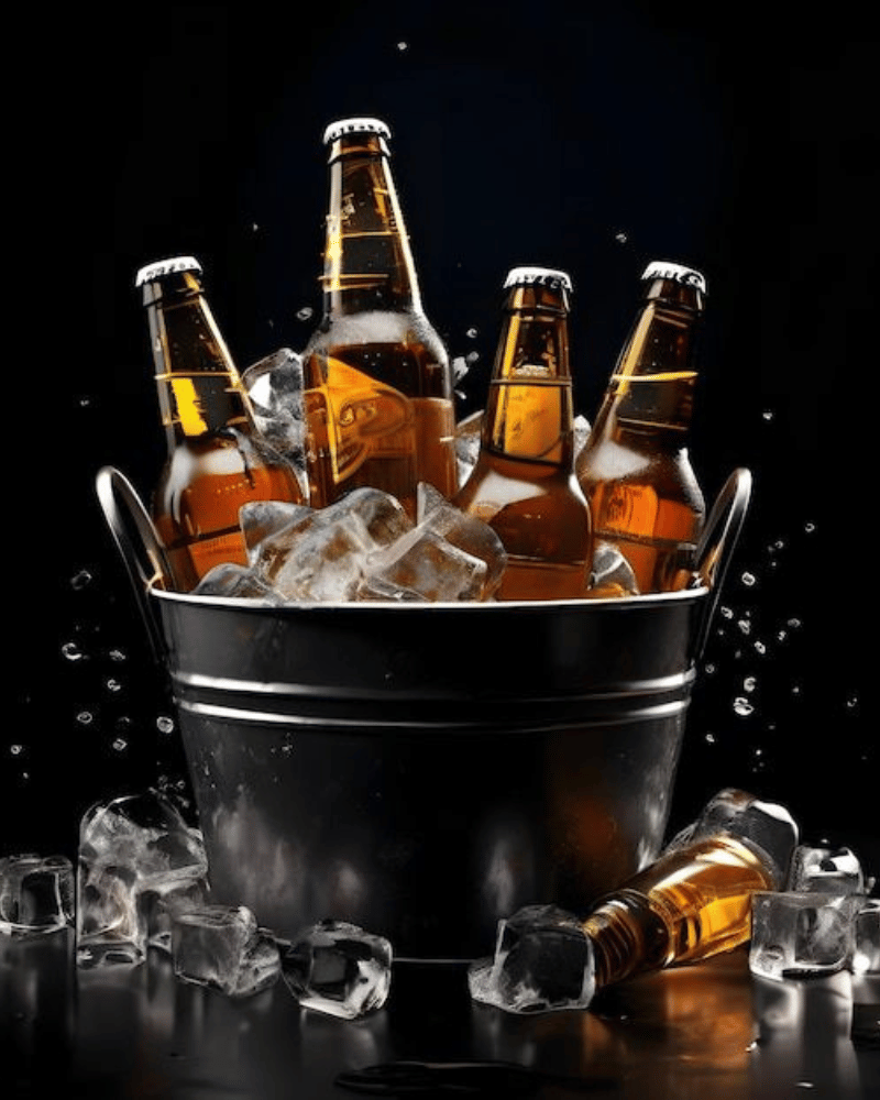 Beer bottles in ice bucket, dark background, condensation and ice cubes.