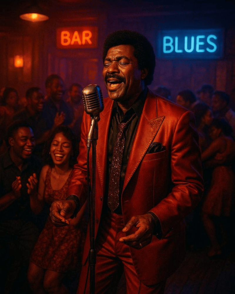 Man singing into a vintage microphone in a blues bar. Red suit, joyful crowd, neon signs: 