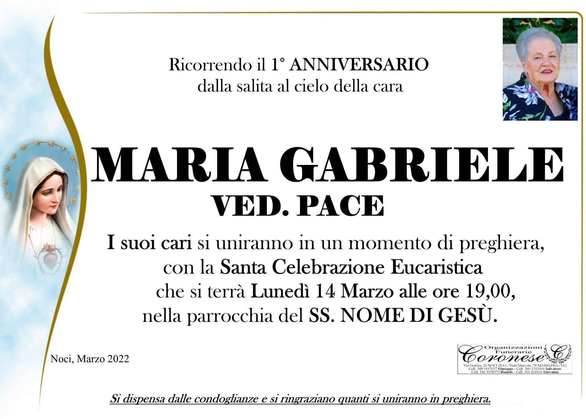 necrologio MARIA GABRIELE  Ved. PACE