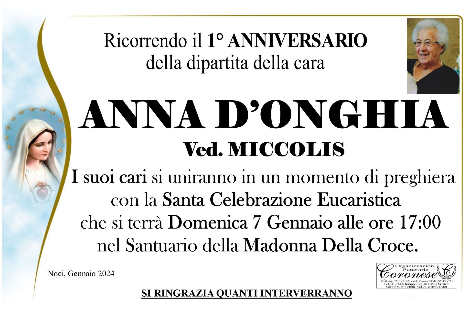 necrologio ANNA D'ONGHIA Ved. Miccolis