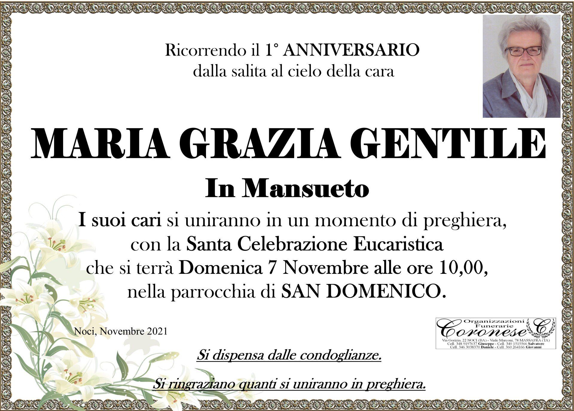 necrologio MARIA GRAZIA GENTILE     In Mansueto