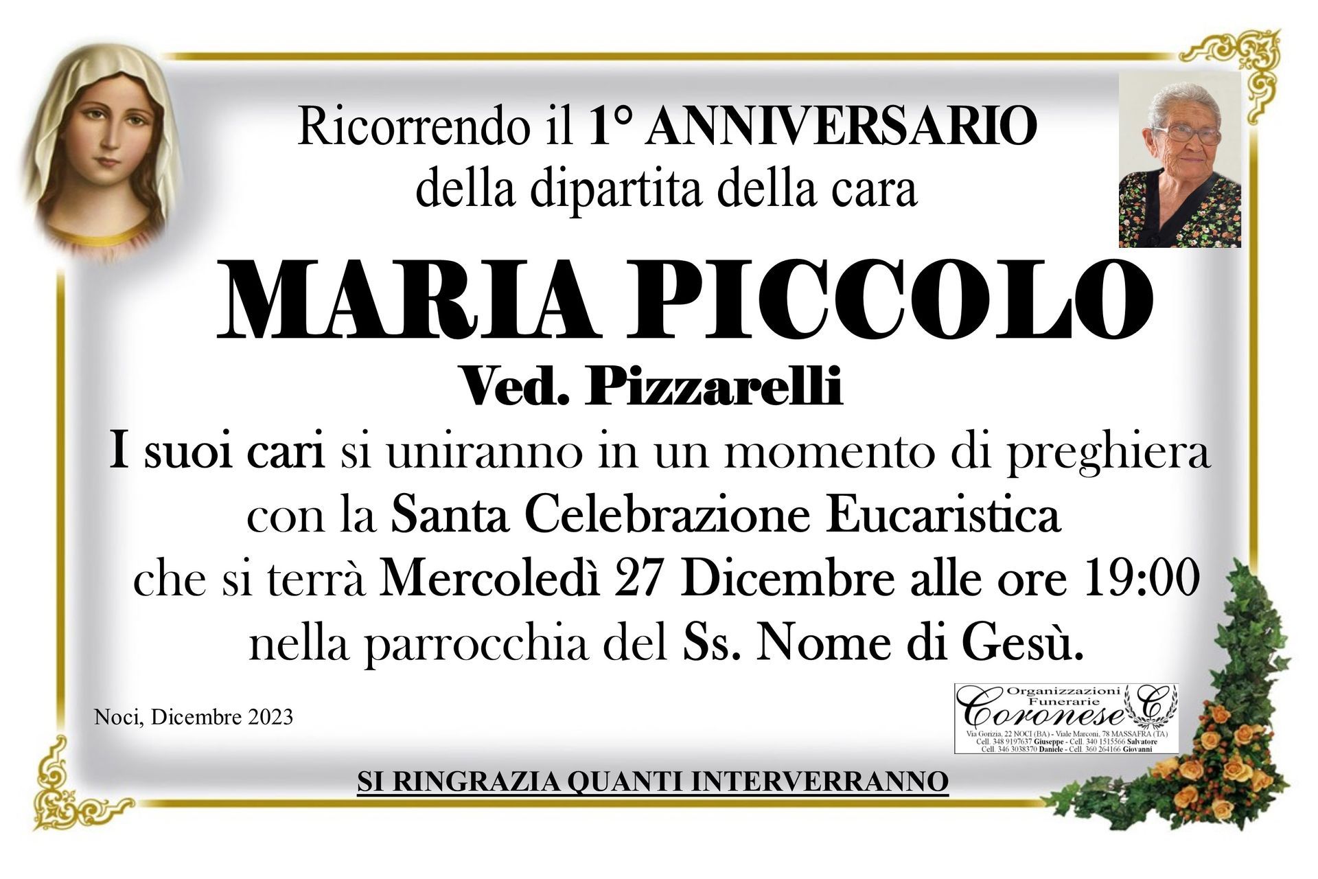 necrologio MARIA PICCOLO Ved. Pizzarelli