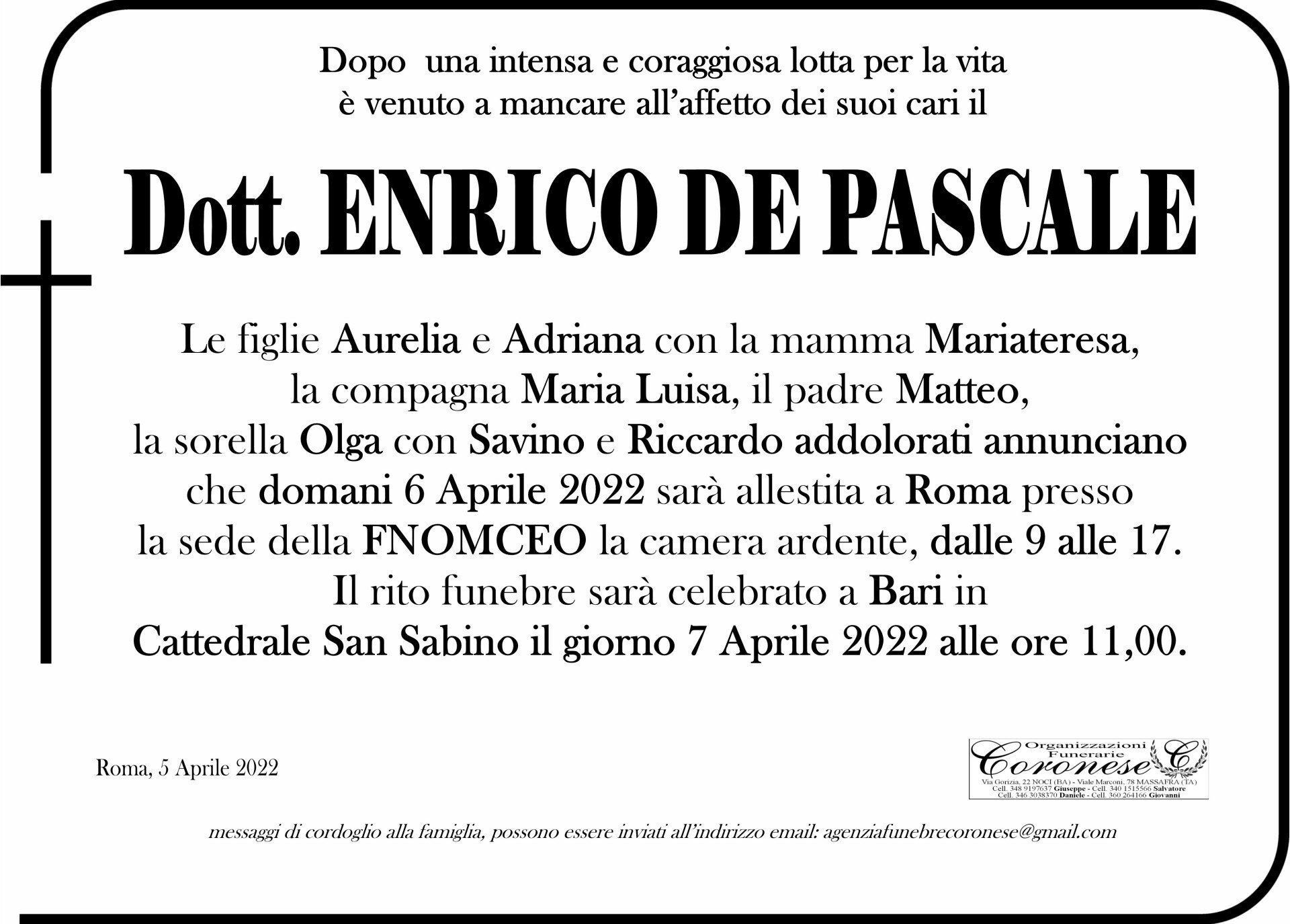 necrologio Dott. ENRICO DE PASCALE