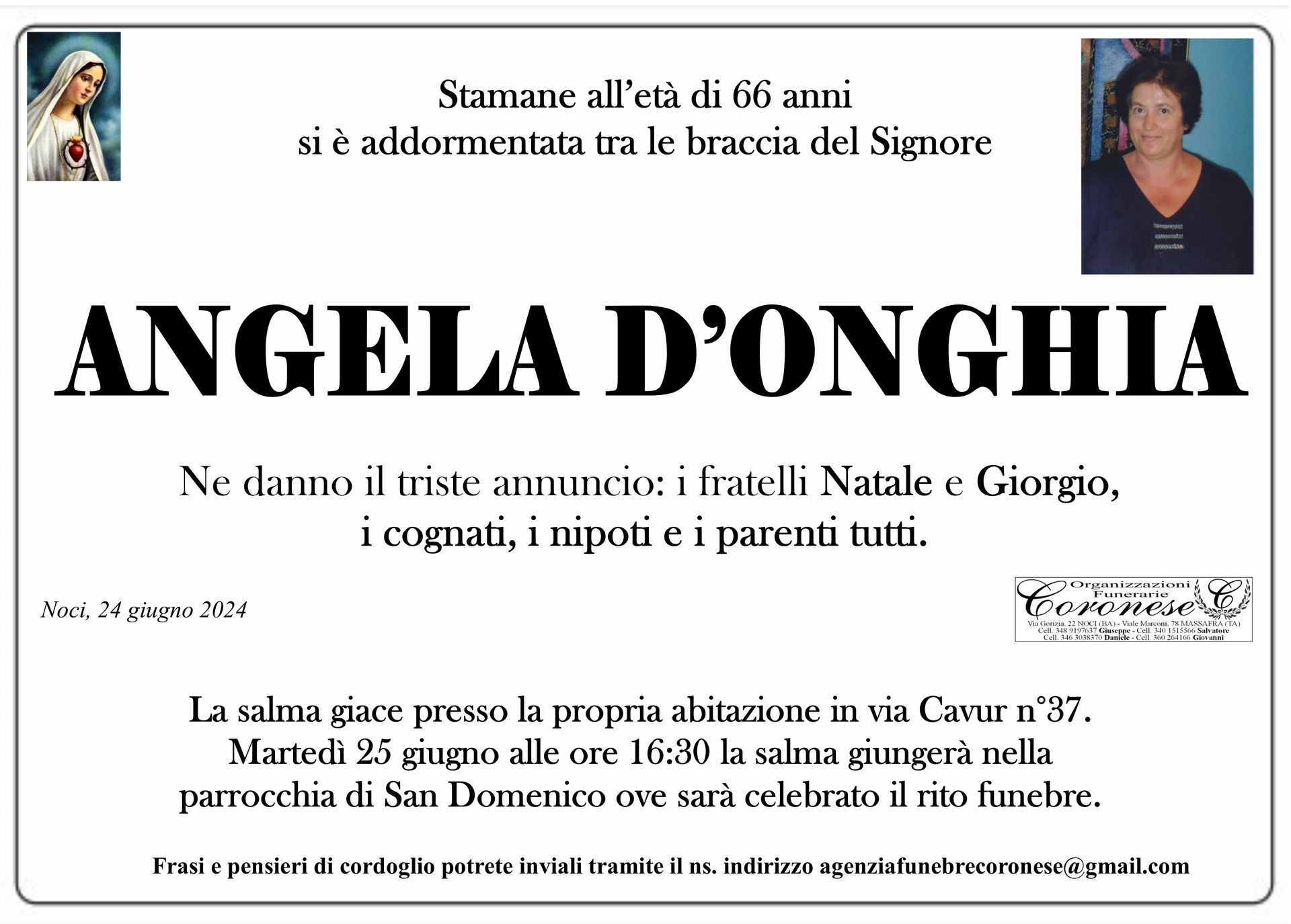 necrologio ANGELA D'ONGHIA