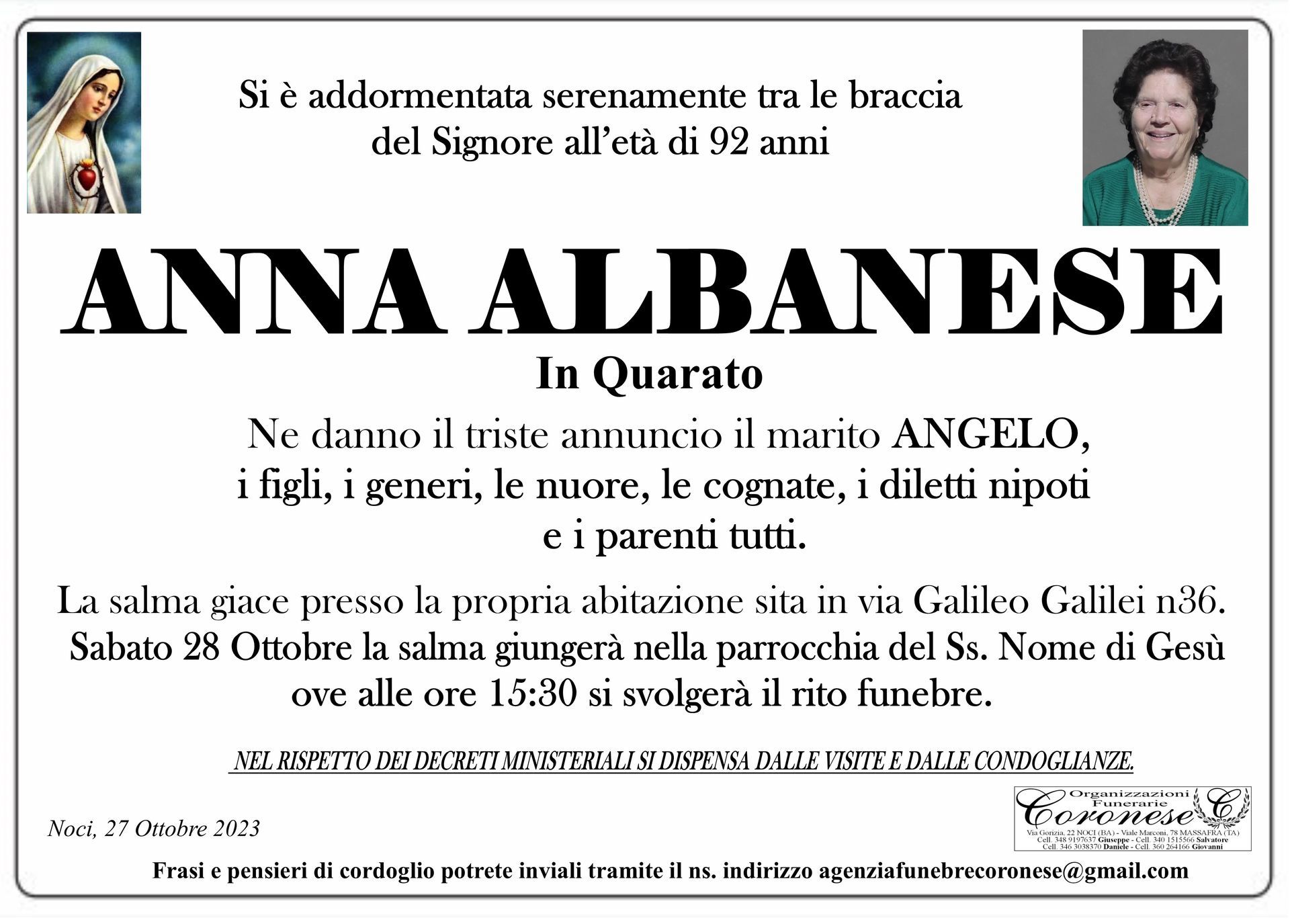 necrologio ANNA ALBANESE In Quarato