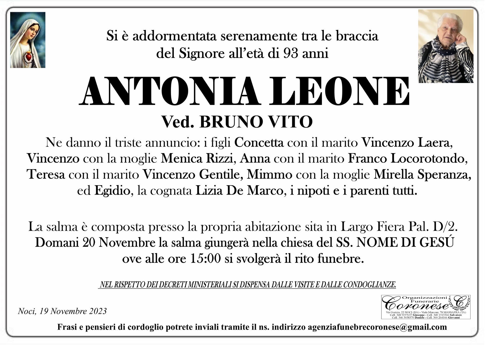 necrologio ANTONIA LEONE Ved. BRUNO